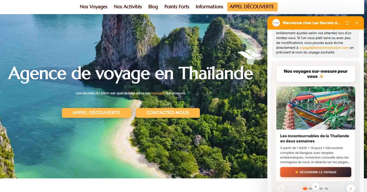 Agent conversationnel sur un site d'agence de voyage
